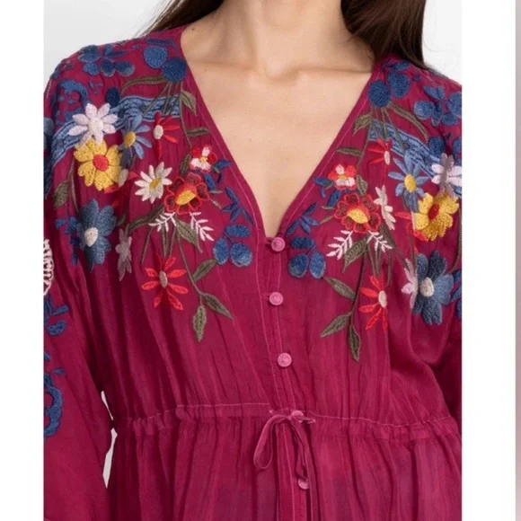 Johnny Was Magenta Floral Embroidered Blouse